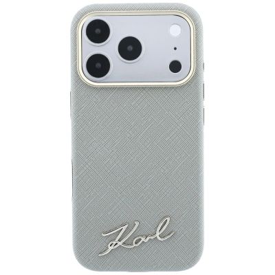 3. Karl Lagerfeld Saffiano Small Script Metal Logo MagSafe Case for iPhone 17 Pro Max / 18 Pro Max - Beige