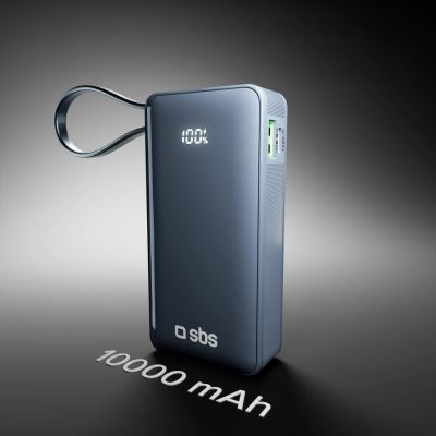 9. Powerbank SBS 10000 mAh 20W with built-in USB-C cable and digital display - dark gray