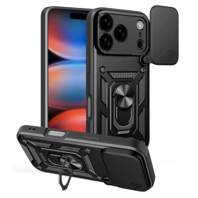 Hybrid Armor Camshield Case for iPhone 17 Pro Max with Stand and Camera Cover - Black