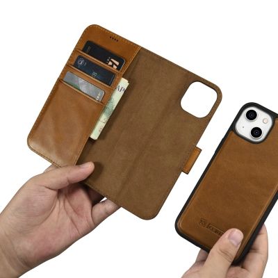 11. iCarer Oil Wax Wallet Case 2in1 Cover iPhone 14 Plus Anti-RFID Leather Flip Case Brown (WMI14220723-TN)