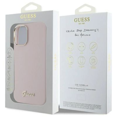 8. Guess Silicone Script Metal Logo & Frame iPhone 16 Plus Case - Pink