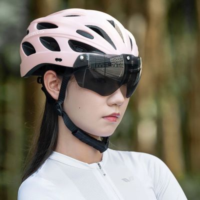 13. Rockbros Bike Helmet with Visor, Detachable UV Goggles, Detachable Visor, Unisex - Pink