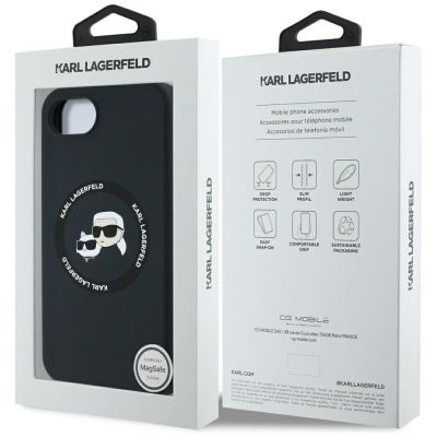8. Karl Lagerfeld Liquid Silicone Karl & Choupette Heads Case with MagSafe for iPhone 16e - Black