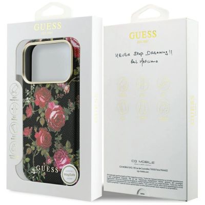 8. Guess Blossom Roses Print MagSafe Case for iPhone 18 Pro / 17 Pro – Black