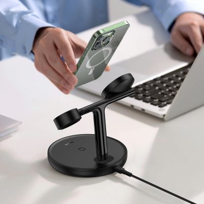 10. Baseus Swan inductive charger (MagSafe compatible) stand for iPhone, Apple Watch, AirPods + USB-C cable 1m black (WXTE000101)