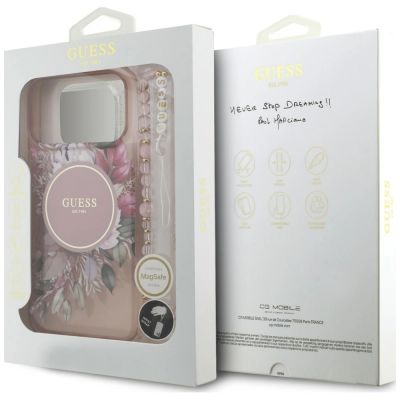 8. Guess IML Flowers Pearl Strap MagSafe Case for iPhone 18 Pro / 17 Pro – Pink
