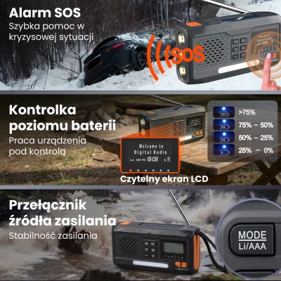 7. Extralink Bluetooth Solar Emergency Radio with Crank Dynamo Powerbank 4000mAh with SOS Flashlight BT-4000 Portable Analog and Digital Black, Orange