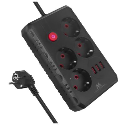 MACLEAN POWER STRIP, EXTENSION CORD 4 OUTLETS + 3XUSB, 110-240V AC 50/60HZ, 2.1A MAX 2500W, 1.5M, BLACK MCE392 B