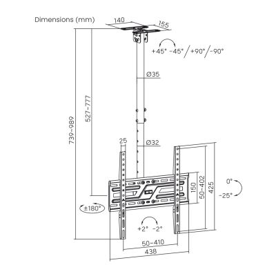 11. MACLEAN CEILING MOUNT / HANGER FOR TV, MAX. LOAD 50KG, 37-75", MAX VESA 400X400 MC-175
