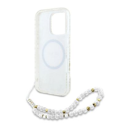 6. Guess IML Flowers Allover Electro With Pearl Strap MagSafe case for iPhone 16 Pro - white