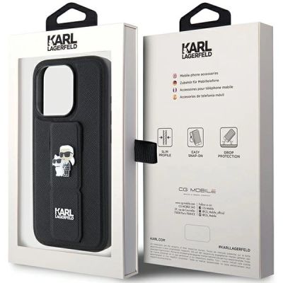 9. Karl Lagerfeld Gripstand Saffiano Karl&Choupette Pins case for iPhone 15 Pro Max - black