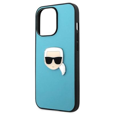 6. Karl Lagerfeld KLHCP13XPKMB iPhone 13 Pro Max 6,7" niebieski/blue hardcase Leather Ikonik Karl`s Head Metal
