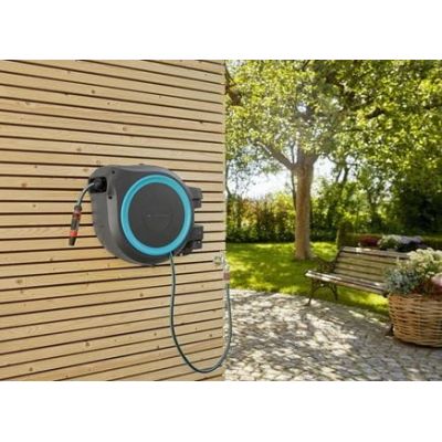 5. Gardena 18630-20 Garden Hose Reel Wall-Mounted Garden Hose Cart Automatic Black, Blue