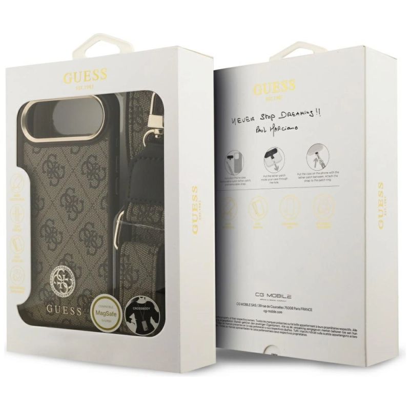 9. Guess 4G Strass Logo & Big Strap Metal Buttons MagSafe Case for iPhone Air - Brown