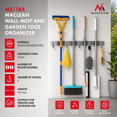8. MACLEAN WALL ORGANIZER FOR GARDEN TOOLS AND MOPS, STEEL, WITH HOOKS, MAX LOAD 20KG, WIDTH 49CM MC-184