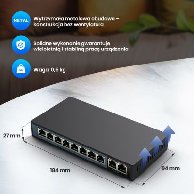 8. Extralink Switch PoE CERES 8x 100Mb/s PoE/PoE+, 2x RJ45 Uplink 100Mb/s, 96W