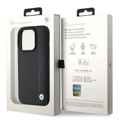 8. BMW Leather Textured & Stripe iPhone 15 Pro Max Case - Black