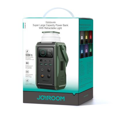 7. Powerbank Joyroom JR-PBF10 75000mAh 100W 3x USB-C 3x USB-A with foldable flashlight and handle - green