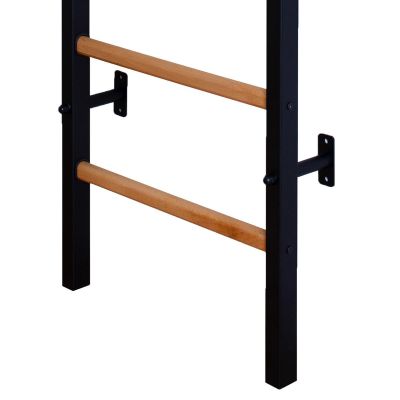 6. GYMNASTIC WOODEN AND METAL WALL BAR WITH 4 HANDLES WITH A WOODEN BAR BENCHK 211B