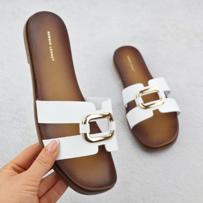 Women's slippers with decoration, white, Sergio Leone SK077H