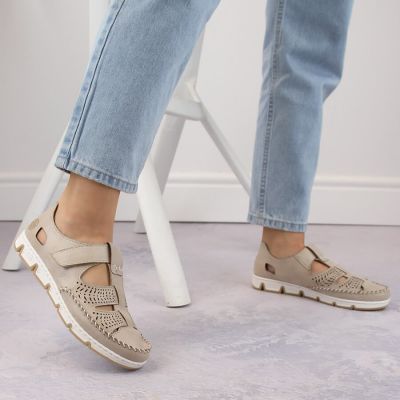 15. Rieker W RKR651 beige leather velcro openwork shoes