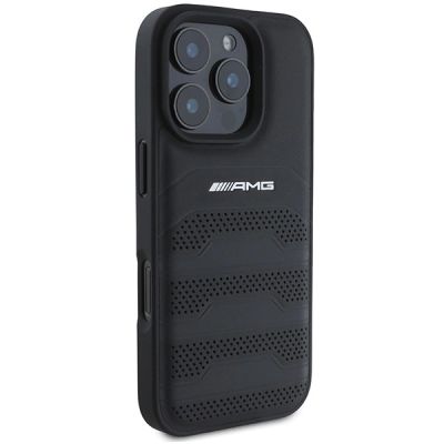 4. AMG Leather Debossed Lines Black Logo iPhone 16 Pro Max Case - Black