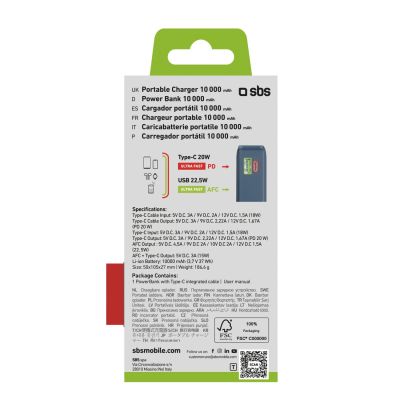 3. Powerbank SBS 10000 mAh 20W with built-in USB-C cable and digital display - dark gray