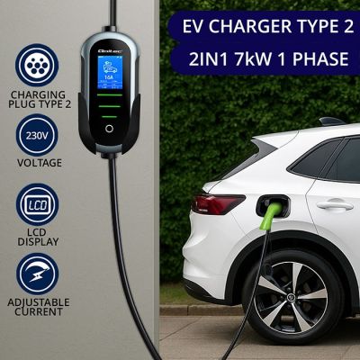 2. Qoltec Portable EV Charger for Electric and Hybrid Vehicles, Adjustable, 2-in-1 Type 2 | 7 kW | 230 V | CEE 32 A | Wi-Fi | TUYA | SMART LIFE | LCD | Portable | Wallbox | 5 m