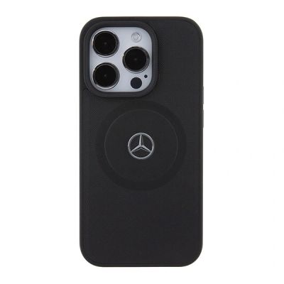 3. Mercedes Benz Crossed Lines Pattern Leather MagSafe case for iPhone 15 Pro - black