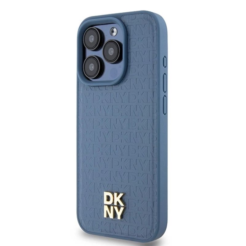 2. DKNY Leather Monogram Pattern Metal Logo MagSafe Case for iPhone 15 Pro - Blue