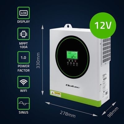 2. Qoltec Hybrid Off-Grid Solar Inverter 1500W | 100A | 12V | MPPT | Sinus | Wi-Fi Option | Power Factor 1.0