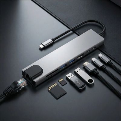 11. Tech-Protect HB09 USB hub 8in1 TYPE-C + USB-A 3.0 + USB-C 3.0 + HDMI 4K 60HZ + SD/TF + PD100W + RJ45 1000 MB/S - gray