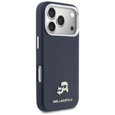 4. Karl Lagerfeld Karl & Choupette Head Pins Saffiano MagSafe Case for iPhone 17 Pro Max - Blue