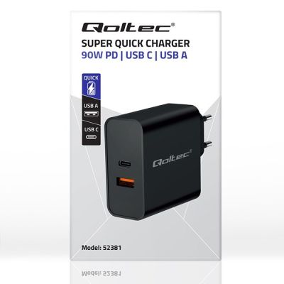8. QOLTEC SUPER QUICK PD CHARGER | 1XUSB-C | 1XUSB | 90W | 5-20V | 2.4-4.35A | BLACK