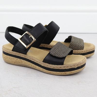 2. Women's leather wedge sandals with Velcro straps, black Rieker V0951