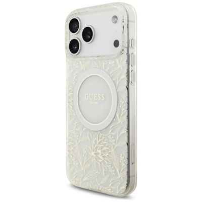 3. Guess IML Flowers Allover Electroplated with Pearl Strap MagSafe Case for iPhone 18 Pro Max / 17 Pro Max - White