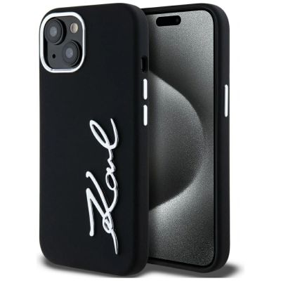 Karl Lagerfeld Silicone Metal Script Logo iPhone 15 Case - Black
