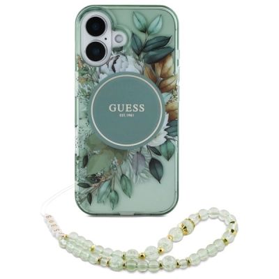 2. Guess IML Flowers With Pearl Strap MagSafe case for iPhone 16 Plus - green