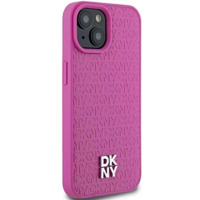 4. DKNY Leather Pattern Metal Logo MagSafe Case for iPhone 15 / 14 / 13 - Pink