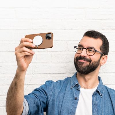 4. Dux Ducis Grit Leather Case for iPhone 14 Plus Elegant Faux Leather Cover (MagSafe Compatible) Brown