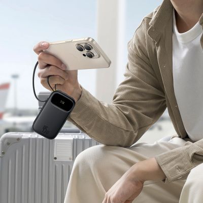 6. Baseus EnerFill FC31 QPow3 10000mAh 45W Power Bank with Digital Display with 2 Built-in USB-C Cables - Black