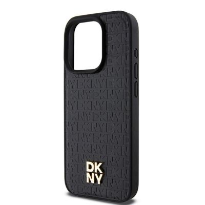 6. DKNY Leather Monogram Pattern Metal Logo MagSafe Case for iPhone 15 Pro - Black
