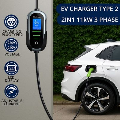 2. Qoltec Mobile charger for electric car EV with regulation 2in1 Type2 | 11kW | 400V | Wi-fi | TUYA | SMART LIFE | LCD | Portable | Wallbox | 5m
