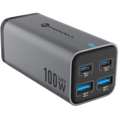 Forcell F-Energy GaN III Desktop Charger 2x USB-C 2x USB-A QC 4.0 PD 5A 100W VT-49 Gray