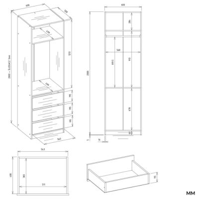 8. OPENO 1W1P3S WHITE Wardrobe – Modular Rack with Clothes Rail and 3 Drawers