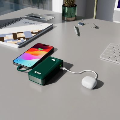 12. Powerbank SBS 10000 mAh 20W with built-in USB-C cable and digital display - green