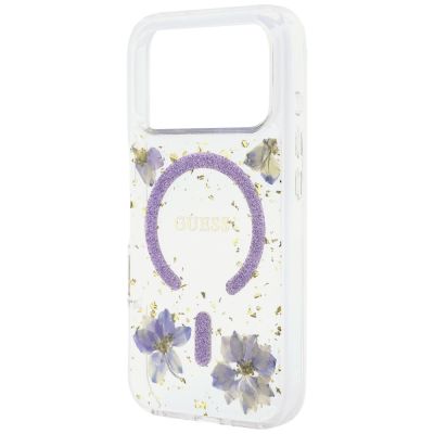 6. Guess Resin Flowers Glitter MagSafe Case for iPhone 18 Pro Max / 17 Pro Max - Purple