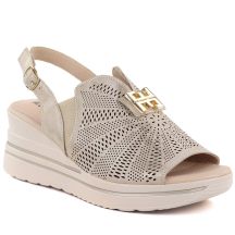 Women's leather sandals on a platform, gold wedge M.Daszyński 25144-4