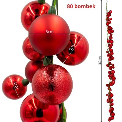 9. GARLAND BRANCH 180CM WITH 80 BALLS, RED MICA