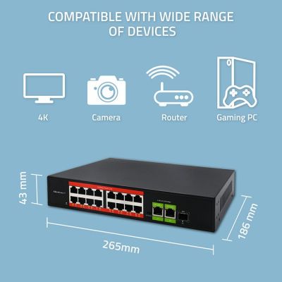 5. Qoltec SWITCH Fast Ethernet PoE Network Switch | 16x RJ45 10/100 Mb/s | 2x RJ45 Uplink 1000 Mb/s | 1x SFP 1000 Mb/s